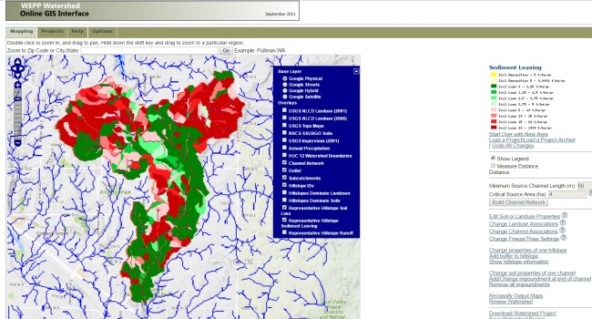 Screen shot of results from a WEPP model application to a watershed in Minnesota. Red areas indicate high sediment loss (>5 t/ha/yr), while green areas have lower predicted erosion (0-5 t/ha/yr).