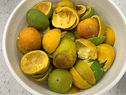 A bowl of orange peels.